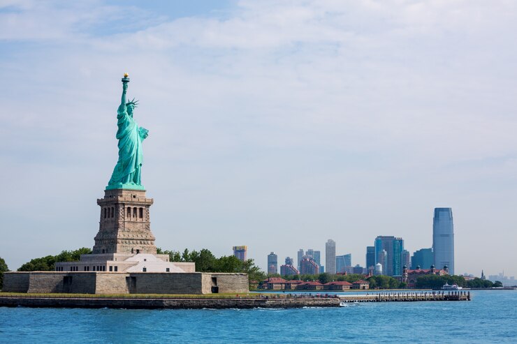 Foto statua della libertà di new york e manhattan usa