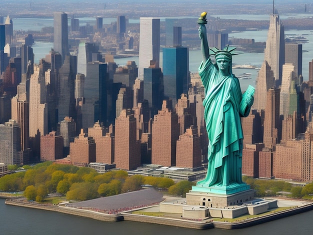 Statua della Libertà e skyline di New York al tramonto negli Stati Uniti