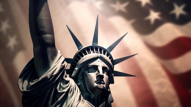 Statua della libertà sullo sfondo della bandiera americana AI generativa