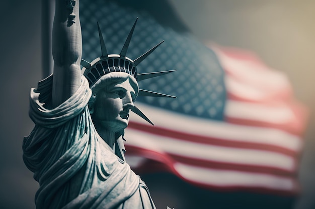 Statua della Libertà sullo sfondo della bandiera americana Democrazia e concetto di libertà Rete neurale arte generata dall'IA