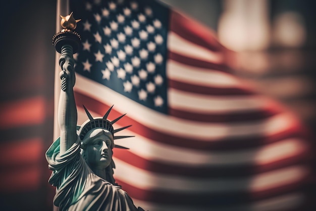 Statua della Libertà sullo sfondo della bandiera americana Democrazia e concetto di libertà Rete neurale arte generata dall'IA