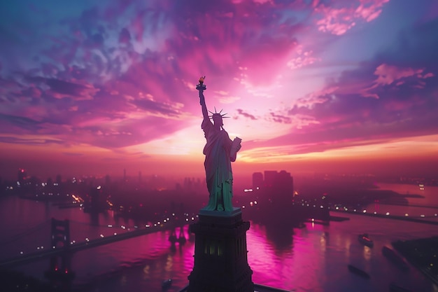 Statua della Libertà sullo sfondo di un colorato tramonto