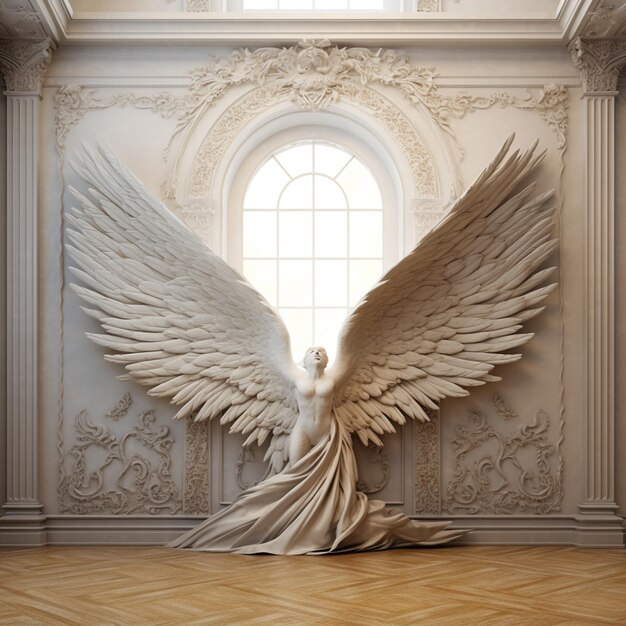 Statua di angelo Arafed in una grande stanza con una finestra ai generativa