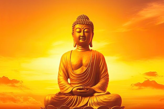 Statua di Buddha con aura sullo sfondo giallo del cielo