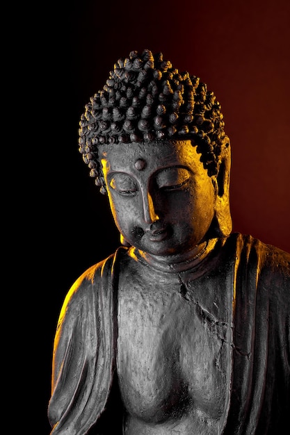 Statua di Buddha con bagliore su sfondo nero