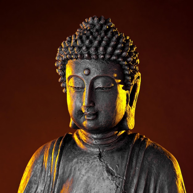 Statua di Buddha con bagliore su sfondo nero