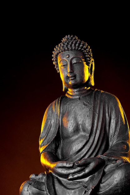 Statua di Buddha con bagliore su sfondo nero