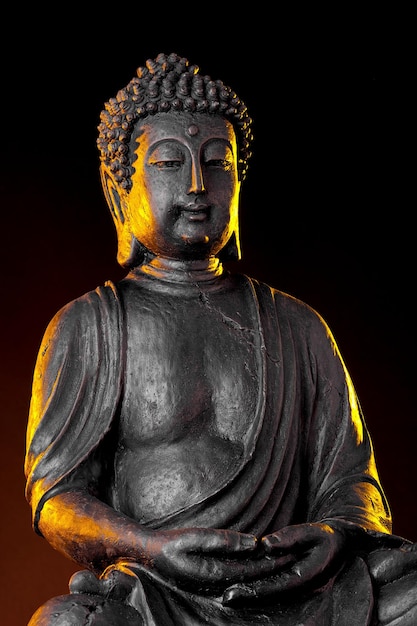 Statua di Buddha con bagliore su sfondo nero