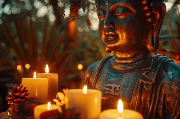 Statua di Buddha con candele sullo sfondo naturale