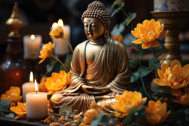 Statua di Buddha di fronte a fiori benessere e calma generativa IA