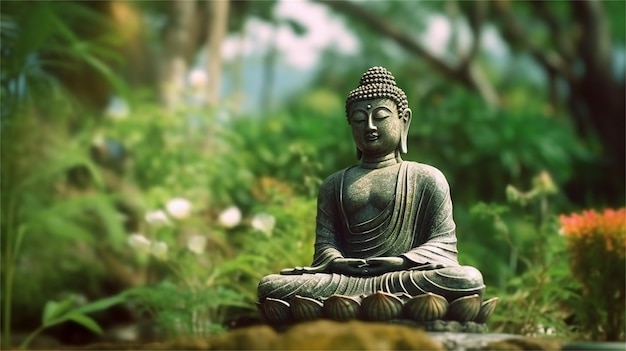 Statua di Buddha e fiore di loto nel giardino Focalizzazione selettiva