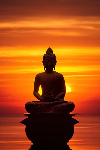 Statua di Buddha e tramonto al mattino