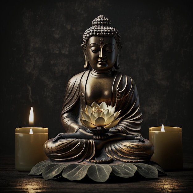 Statua di Buddha in meditazione con fiore di loto e brucia Ai generativa