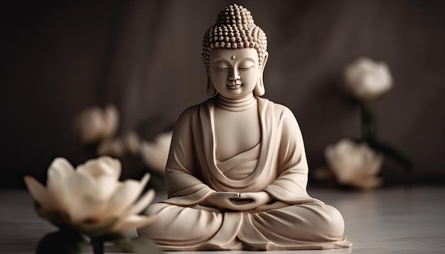 Statua di Buddha in meditazione con fiore di loto su sfondo chiaro con copia spazio per il testo