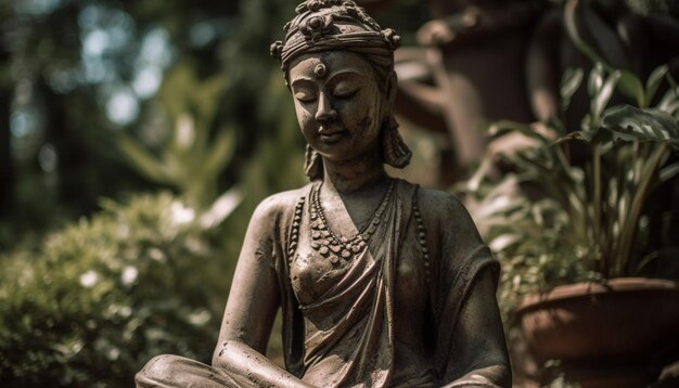 Statua di Buddha in meditazione nella posizione del loto circondata dalla natura generata dall'IA