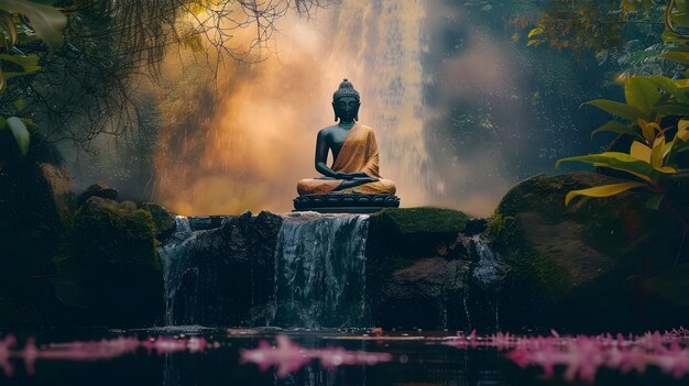 Statua di Buddha in meditazione presso una bellissima cascata nella giungla