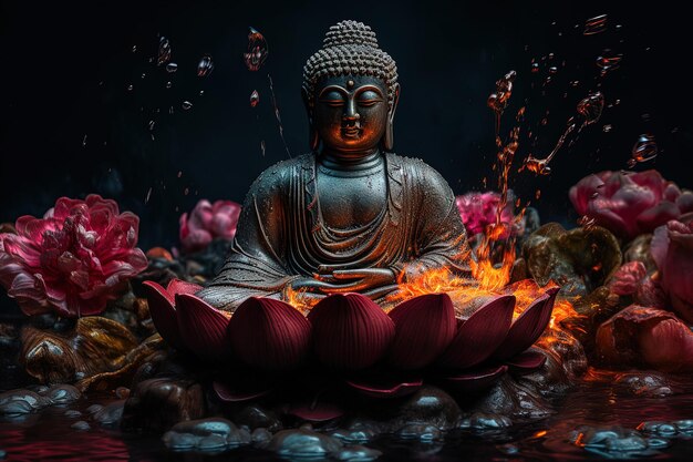 Statua di Buddha in posizione di meditazione accanto a un fiore del lotto candele e acqua IA generativa