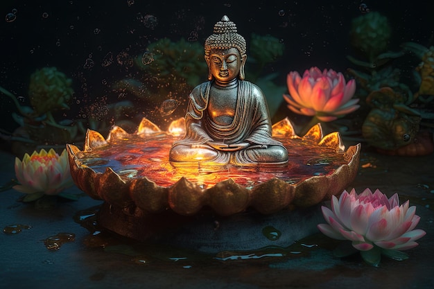 Statua di Buddha in posizione di meditazione accanto a un fiore del lotto candele e acqua IA generativa
