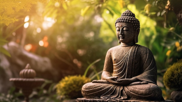 Statua di Buddha in un giardino con molta vegetazione ai generativa