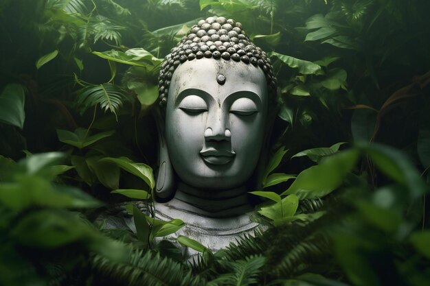 Statua di Buddha nel giardino con foglie verdi sullo sfondo