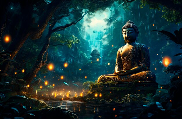 Statua di Buddha nella foresta 3d render illustration