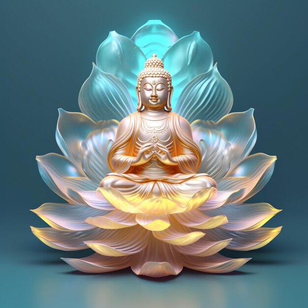 Statua di Buddha seduta su un fiore di loto con una luce luminosa generativa ai