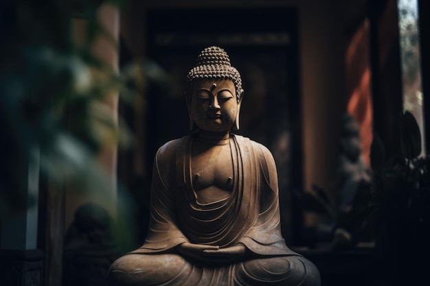 Statua di Buddha su superficie di legno in una stanza ombreggiata creata utilizzando la tecnologia generativa AI