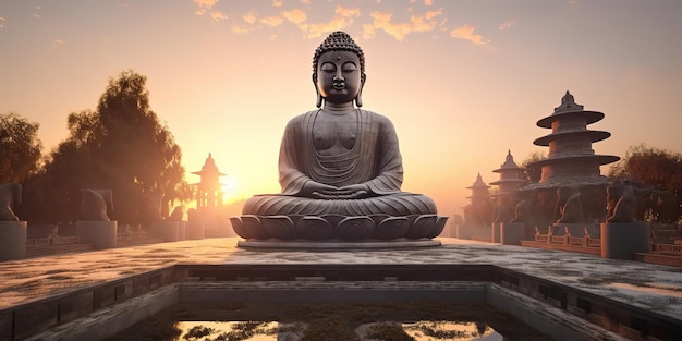 statua di buddha sullo sfondo del tempio all'alba
