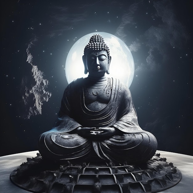 Statua di Buddha sullo sfondo di una luna incandescente nello spazio Manifesto del buddismo