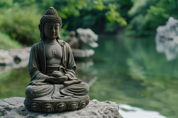 Statua di Buddha vicino al lago in un tranquillo ambiente termale