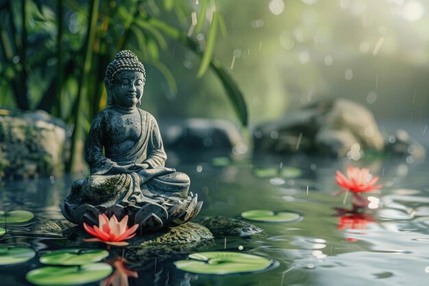 Statua di Buddha Zen con giglio d'acqua e Buddha di bambù