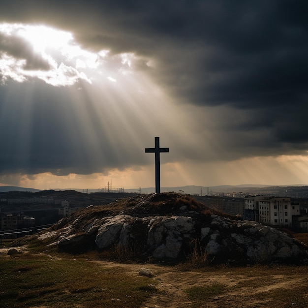 Statua di croce e raggi di sole nel paesaggio per la religione, la spiritualità e la fede cattolica