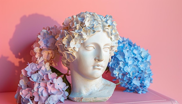 Statua di donna antica con fiori di ortensia