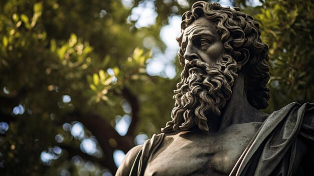 Statua di filosofo classico scolpita in un albero monumentale saggezza fusa
