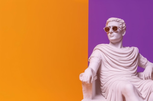 Statua di gesso in occhiali da sole su sfondo astratto colorato IA generativa