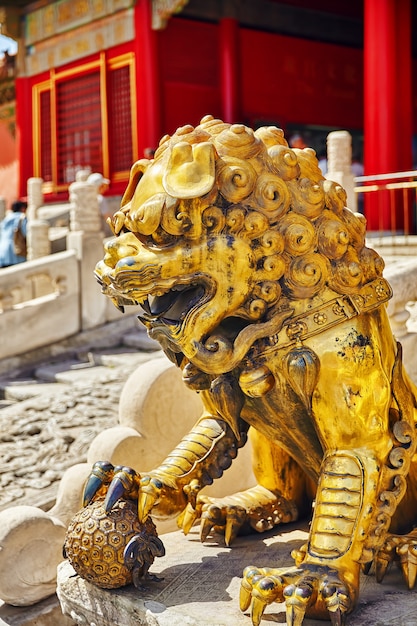 Statua di leoni all'interno del territorio del Museo della Città Proibita di Pechino, nel cuore della città, Cina.