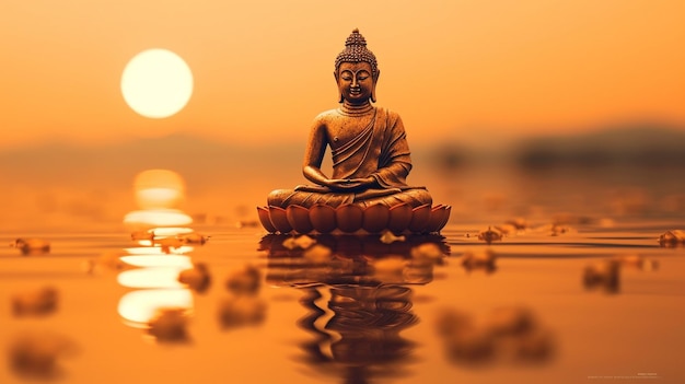 Statua di Loto d'Acqua di Buddha sullo sfondo Buddha con il Sole generato da AI