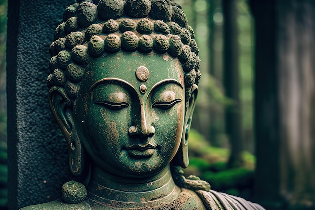 Statua di pietra di Buddha nell'ambiente zen verde ai generativo