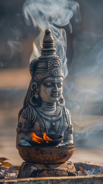 Statua di Shiva con fuoco e fumo cerimoniali