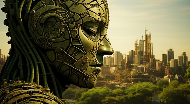 Statua di un alieno con i grattacieli sullo sfondo