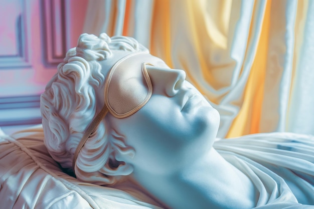 Statua di un dio greco con una maschera da sonno sugli occhi concetto di Giornata mondiale del sonno Riposare e rilassarsi sognando ad occhi aperti sonno sano concetto di giorno libero pigro indossare maschera per dormire bendaggio per dormire