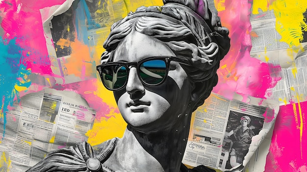 Statua di una dea greca che indossa occhiali da sole estetica groovy y2k sfondo luminoso colori neon giornale