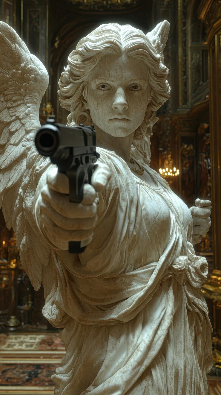 statua di una donna che tiene una pistola
