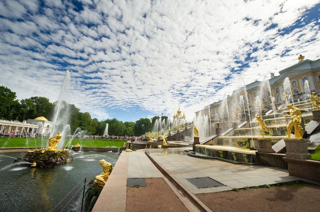 Statua dorata di Sansone nel parco di Peterhof, Russia