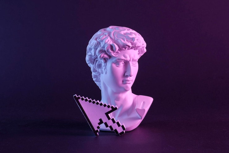 Statua futuristica della testa pop del David di Michelangelo e cursore del mouse pixelato come concetto minimale di onde di vapore