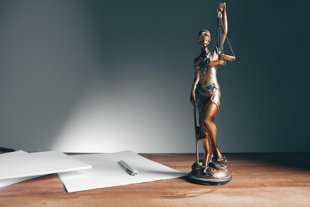 Statua giuridica e giuridica di Lady Justice con bilancia della giustizia