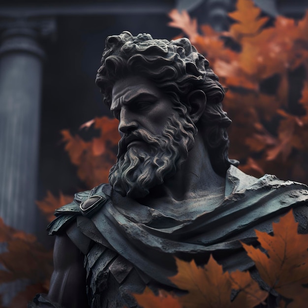 Statua grigia di un dio greco con la barba in giardino