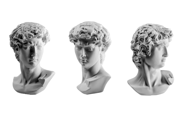 Statua in gesso della testa del David, copia in gesso della statua del David di Michelangelo isolato su priorità bassa bianca