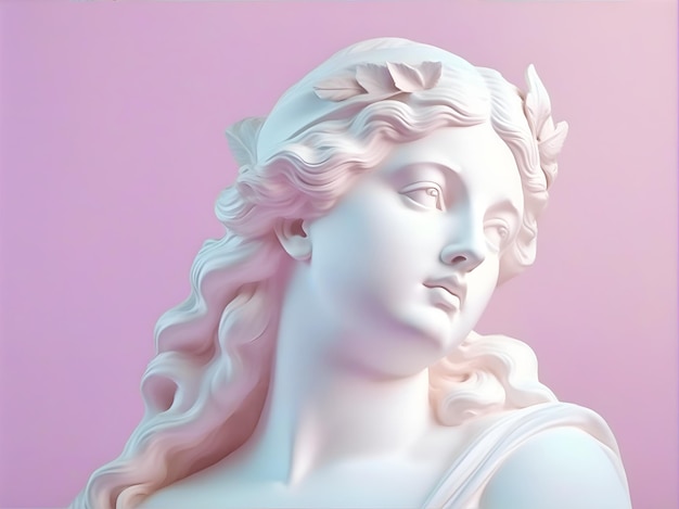 Statua in gesso della testa di una bella donna in posa pensierosa su uno sfondo rosa