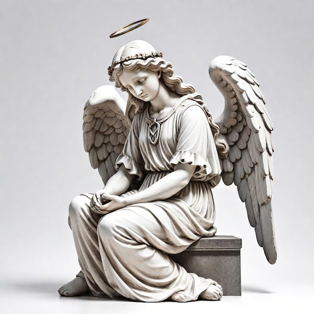 Statua in marmo bianco di un angelo triste con grandi ali seduto su un piedistallo quadrato